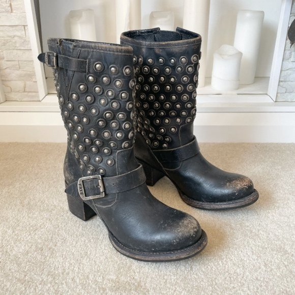Frye Black Studded Combat Boots - Picture 1 of 6